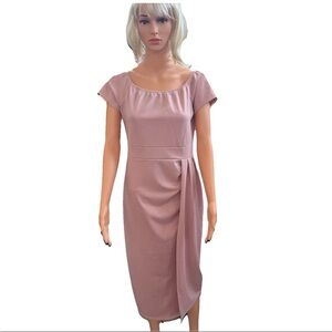 Womens Pink Midi Cap-Sleeve Pleated Draped Sheath Dress Faux Wrap no tags (Med)